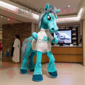 Turquoise Mare mascot costume character dressed with a Mom Jeans and Wraps