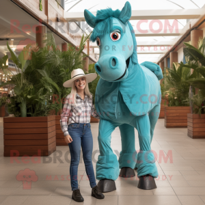 Turquoise Mare mascot costume character dressed with a Mom Jeans and Wraps