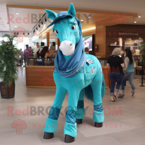 Turquoise Mare mascot costume character dressed with a Mom Jeans and Wraps