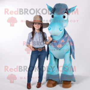 Turquoise Mare mascot costume character dressed with a Mom Jeans and Wraps