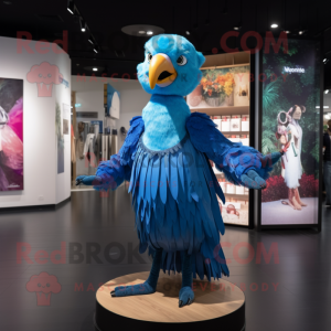 Blue Parrot mascot costume character dressed with a Midi Dress and Hair clips