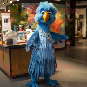 Blue Parrot mascot costume character dressed with a Midi Dress and Hair clips