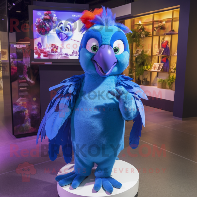 Blue Parrot mascot costume character dressed with a Midi Dress and Hair clips Blue Parrot mascot costume character dressed with a Midi Dress and Hair clips