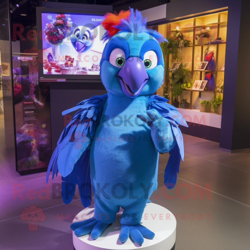 Blue Parrot mascot costume character dressed with a Midi Dress and Hair clips