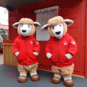 Red Merino Sheep mascot costume character dressed with a Windbreaker and Cummerbunds