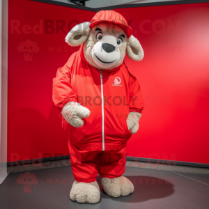 Red Merino Sheep mascot costume character dressed with a Windbreaker and Cummerbunds