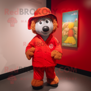 Red Merino Sheep mascot costume character dressed with a Windbreaker and Cummerbunds