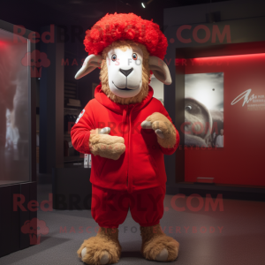Red Merino Sheep mascot costume character dressed with a Windbreaker and Cummerbunds