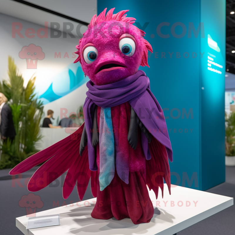 Magenta Betta Fish mascot costume character dressed with a Waistcoat and Shawls