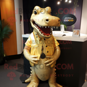 Gold Crocodile mascot costume character dressed with a Henley Tee and Tie pins