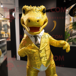 Gold Crocodile mascot costume character dressed with a Henley Tee and Tie pins