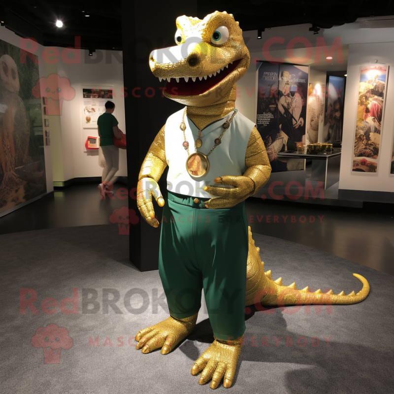 Gold Crocodile mascot costume character dressed with a Henley Tee and Tie pins