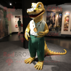 Gold Crocodile mascot costume character dressed with a Henley Tee and Tie pins