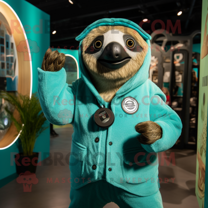 Teal Sloth mascot costume character dressed with a Bodysuit and Lapel pins Teal Sloth mascot costume character dressed with a Bodysuit and Lapel pins