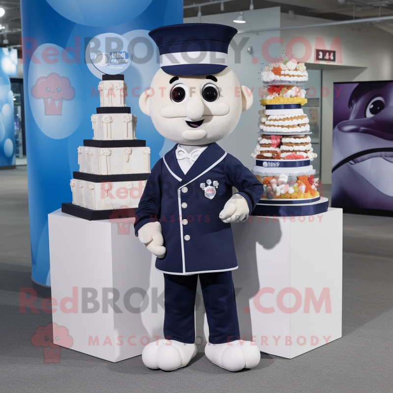 Navy Wedding Cake mascot costume character dressed with a Button-Up Shirt and Wallets Navy Wedding Cake mascot costume character dressed with a Button-Up Shirt and Wallets