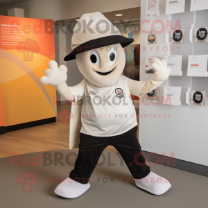 Cream Momentum mascot costume character dressed with a Yoga Pants and Hat pins