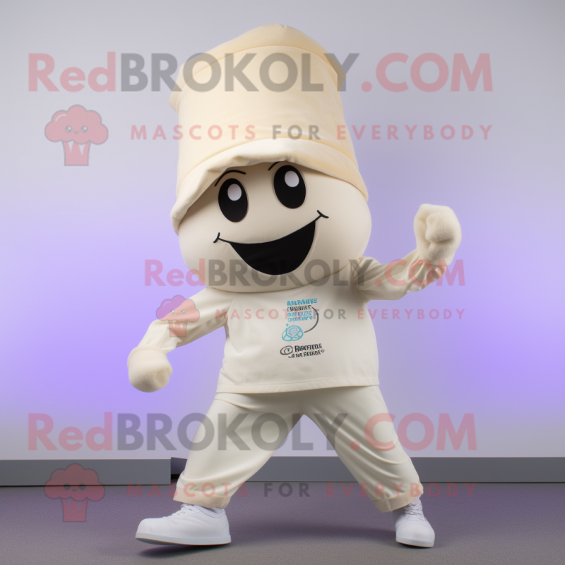 Cream Momentum mascot costume character dressed with a Yoga Pants and Hat pins Cream Momentum mascot costume character dressed with a Yoga Pants and Hat pins