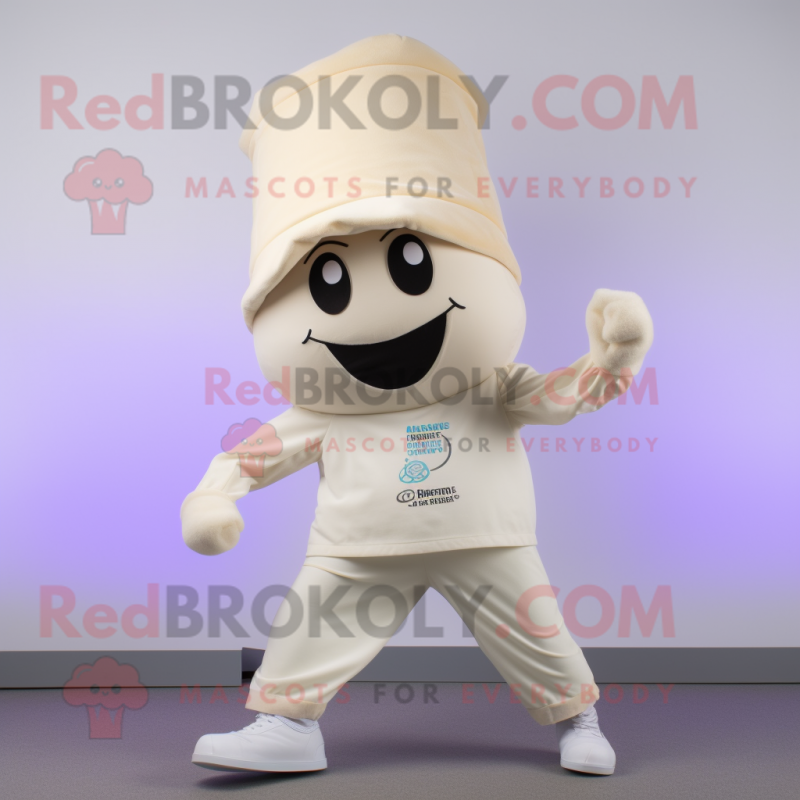 Cream Momentum mascot costume character dressed with a Yoga Pants and Hat pins