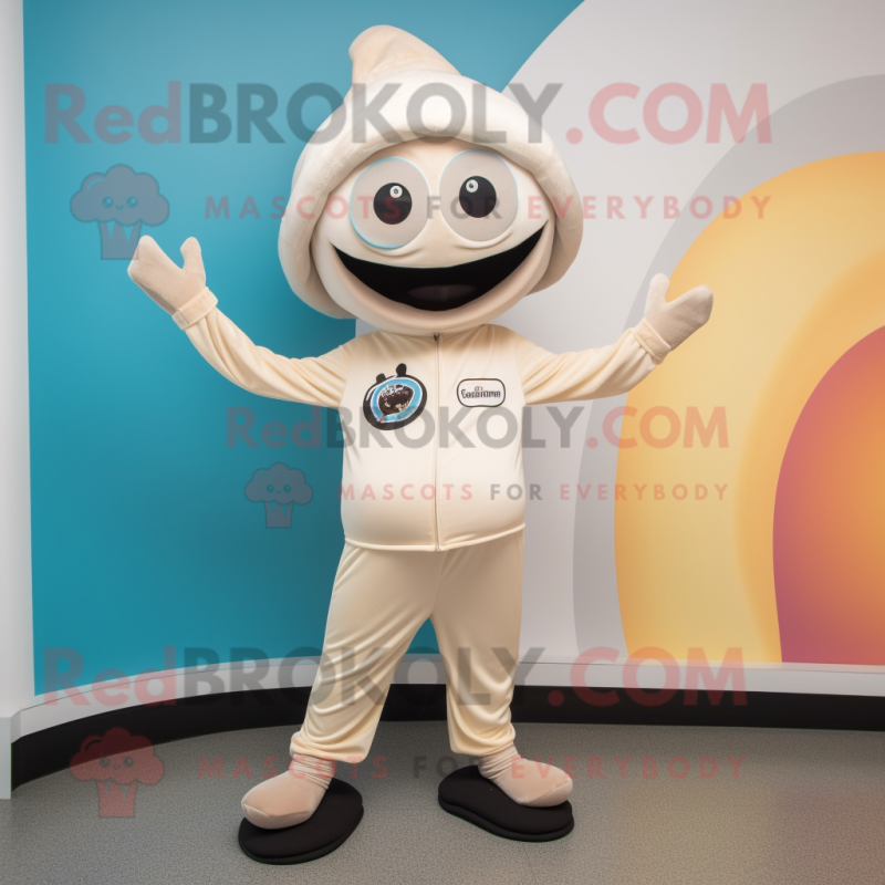 Cream Momentum mascot costume character dressed with a Yoga Pants and Hat pins Cream Momentum mascot costume character dressed with a Yoga Pants and Hat pins