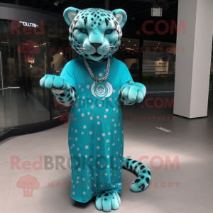 Cyan Jaguar mascot costume character dressed with a Maxi Dress and Bracelet watches