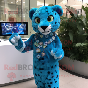 Cyan Jaguar mascot costume character dressed with a Maxi Dress and Bracelet watches