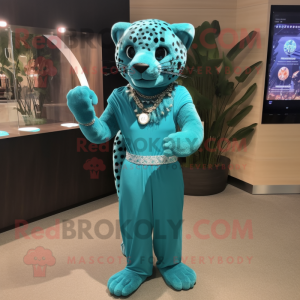 Cyan Jaguar mascot costume character dressed with a Maxi Dress and Bracelet watches