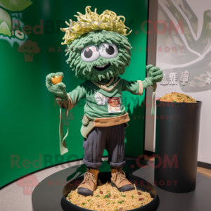Forest Green Ramen mascot costume character dressed with a Graphic Tee and Bracelet watches