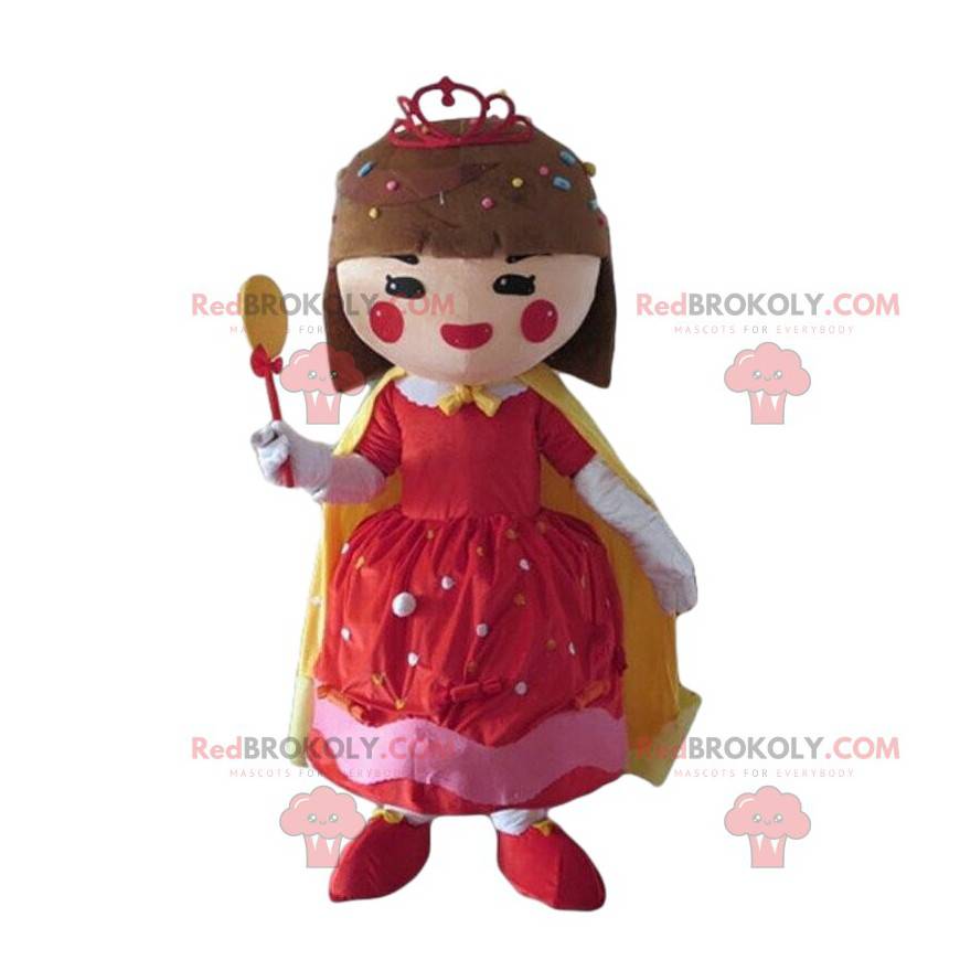 Menina mascote vestida com doces, fantasia de doces -