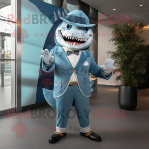 Cyan Megalodon mascot costume character dressed with a Suit Jacket and Beanies