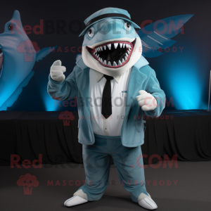 Cyan Megalodon mascot costume character dressed with a Suit Jacket and Beanies