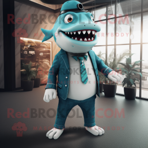 Cyan Megalodon mascot costume character dressed with a Suit Jacket and Beanies