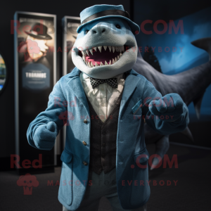 Cyan Megalodon mascot costume character dressed with a Suit Jacket and Beanies