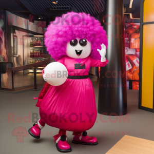 Magenta Human Cannon Ball mascot costume character dressed with a Shift Dress and Handbags