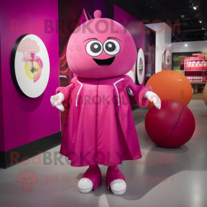Magenta Human Cannon Ball mascot costume character dressed with a Shift Dress and Handbags