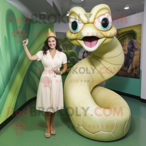 Cream Anaconda mascot costume character dressed with a Shift Dress and Rings
