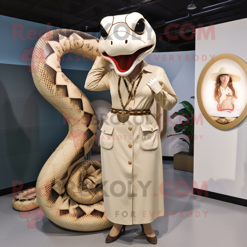 Cream Anaconda mascot costume character dressed with a Shift Dress and Rings