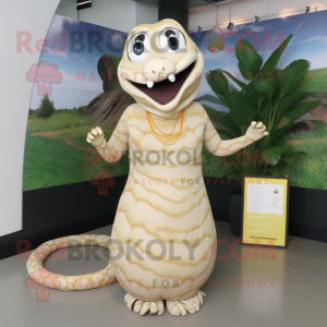 Cream Anaconda mascot costume character dressed with a Shift Dress and Rings