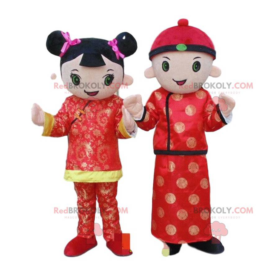 2 maskotter af asiatiske karakterer, asiatisk kostume -