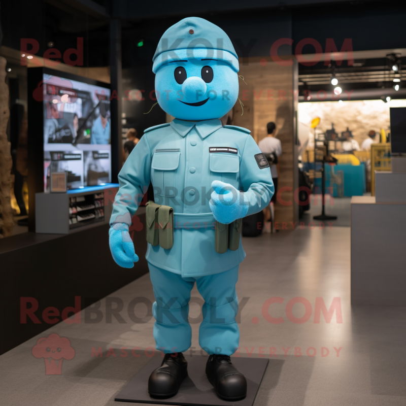 Cyan Soldier mascot costume character dressed with a T-Shirt and Berets