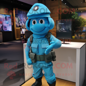 Cyan Soldier mascot costume character dressed with a T-Shirt and Berets