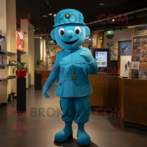 Cyan Soldier mascot costume character dressed with a T-Shirt and Berets