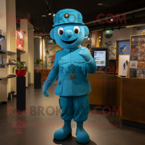 Cyan Soldier maskot kostume...