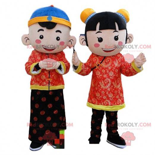 2 Maskottchen asiatischer Charaktere, asiatisches Kostüm -