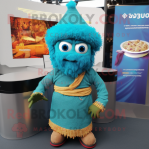 Turquoise Biryani mascot costume character dressed with a Sweater and Belts