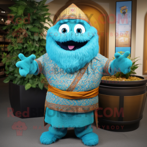 Turquoise Biryani mascot costume character dressed with a Sweater and Belts