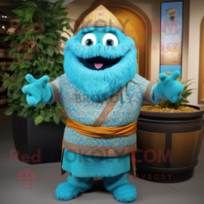 Turquoise Biryani mascot costume character dressed with a Sweater and Belts