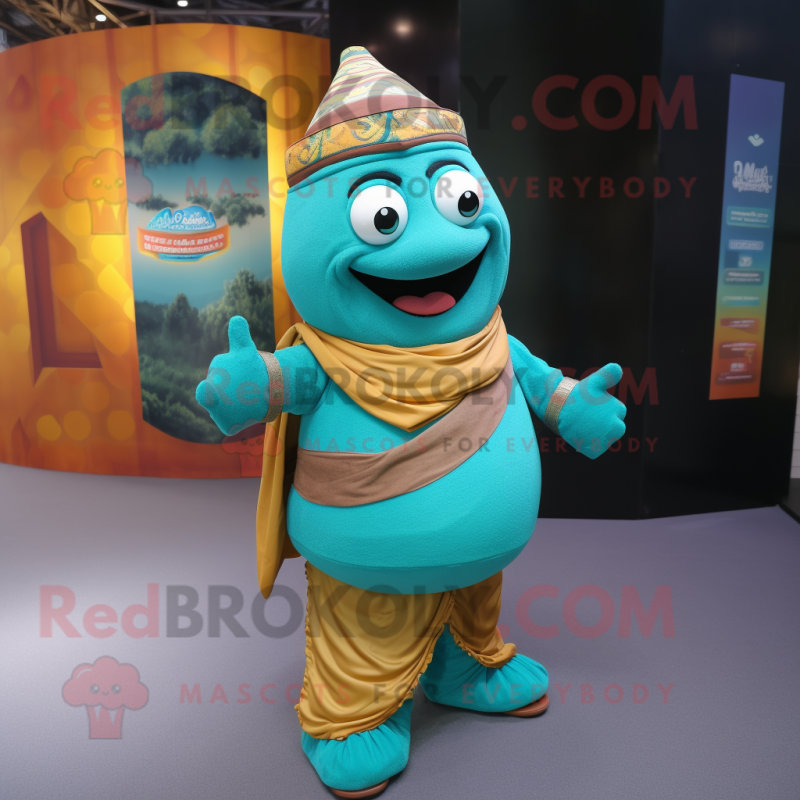 Turquoise Biryani mascot costume character dressed with a Sweater and Belts