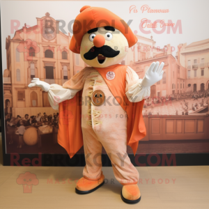 Peach Paella mascot costume character dressed with a Henley Shirt and Shawl pins