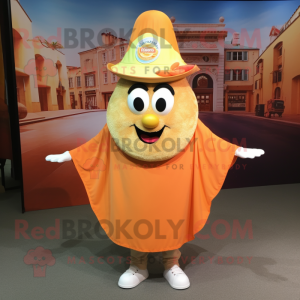 Peach Paella mascot costume character dressed with a Henley Shirt and Shawl pins