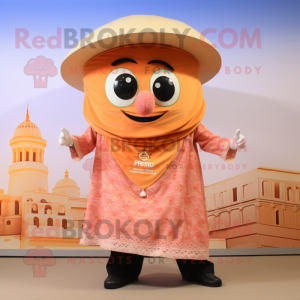 Peach Paella mascot costume character dressed with a Henley Shirt and Shawl pins